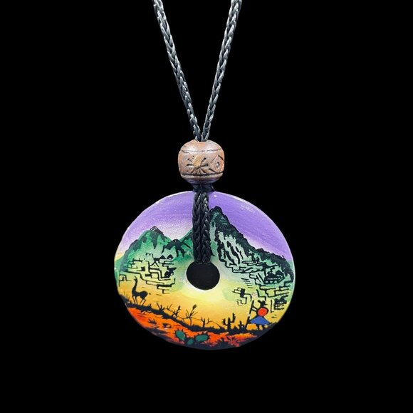 Boho Hand Painted Tribal Necklace Donut Pendant Cord Adjustable Festival Art - Picture 4 of 7